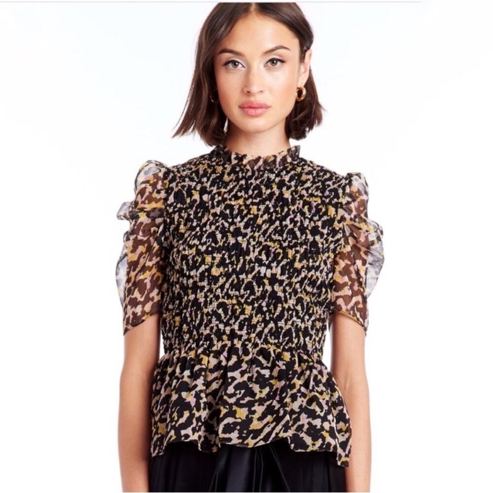 Amanda Uprichard Adrina Leopard Animal Print Smocked Blouse M